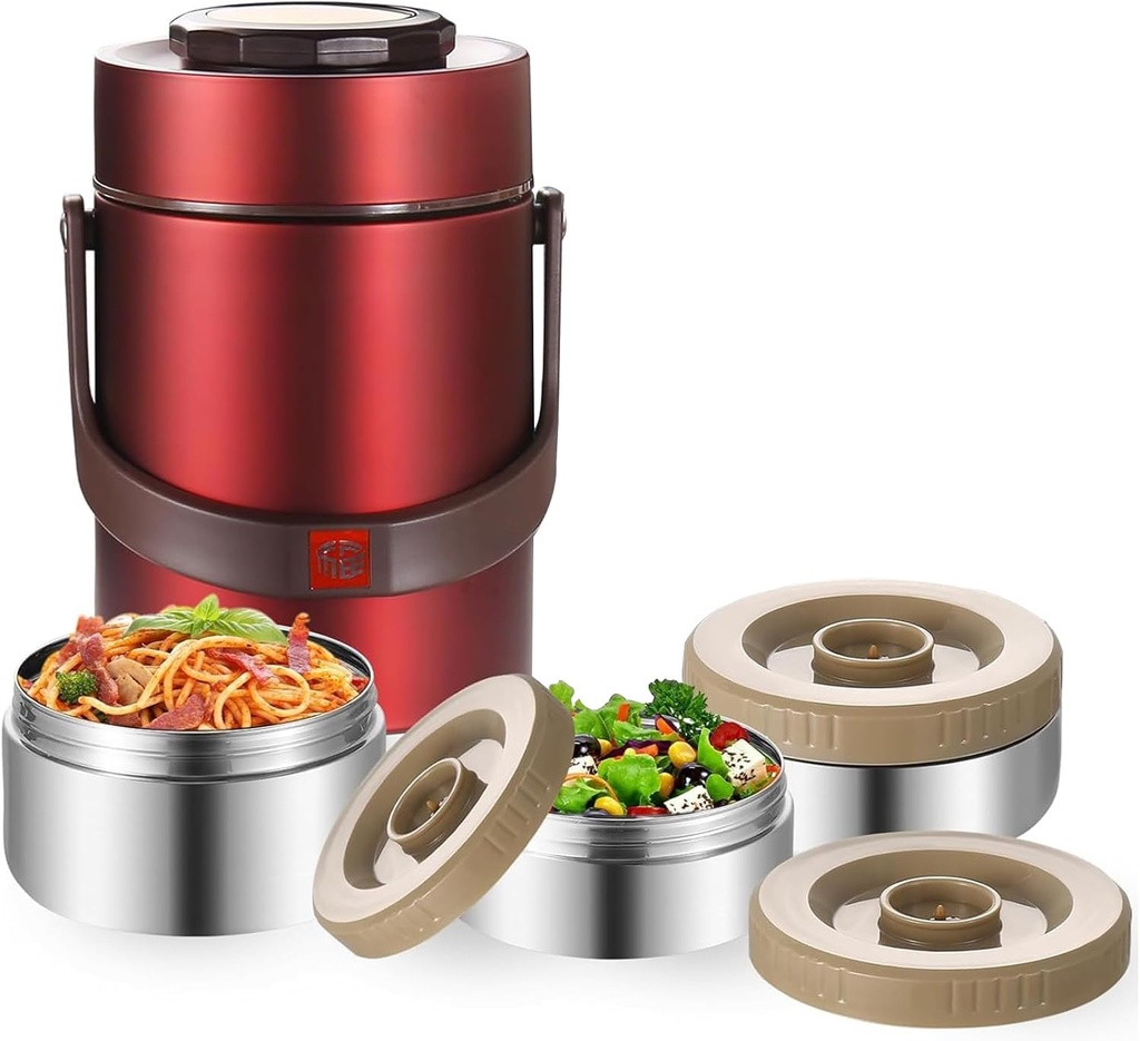 3 Tier Stackable Lunch Container Food Flask for Hot Food, 67 Oz Stainless Steel Wide Mouth Bento Box for Men Women Adults, Vacuum Insulated & Leakproof Food Jar for Office School Work (Red)