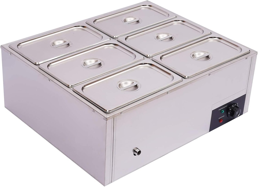 Commercial Food Warmer Steamer, 6-Pan 1.84Gal Stainless Steel Electric Countertop Bain Marie Buffet Steam Table with Covers for Restaurants and Catering
