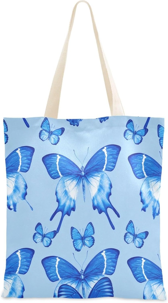 Burbuja Blue Butterflies Canvas Tote Bag, Reusable Grocery Bag with Handles for Casual Shopping Beach Wedding Gift, Washable, 15x16.5 in