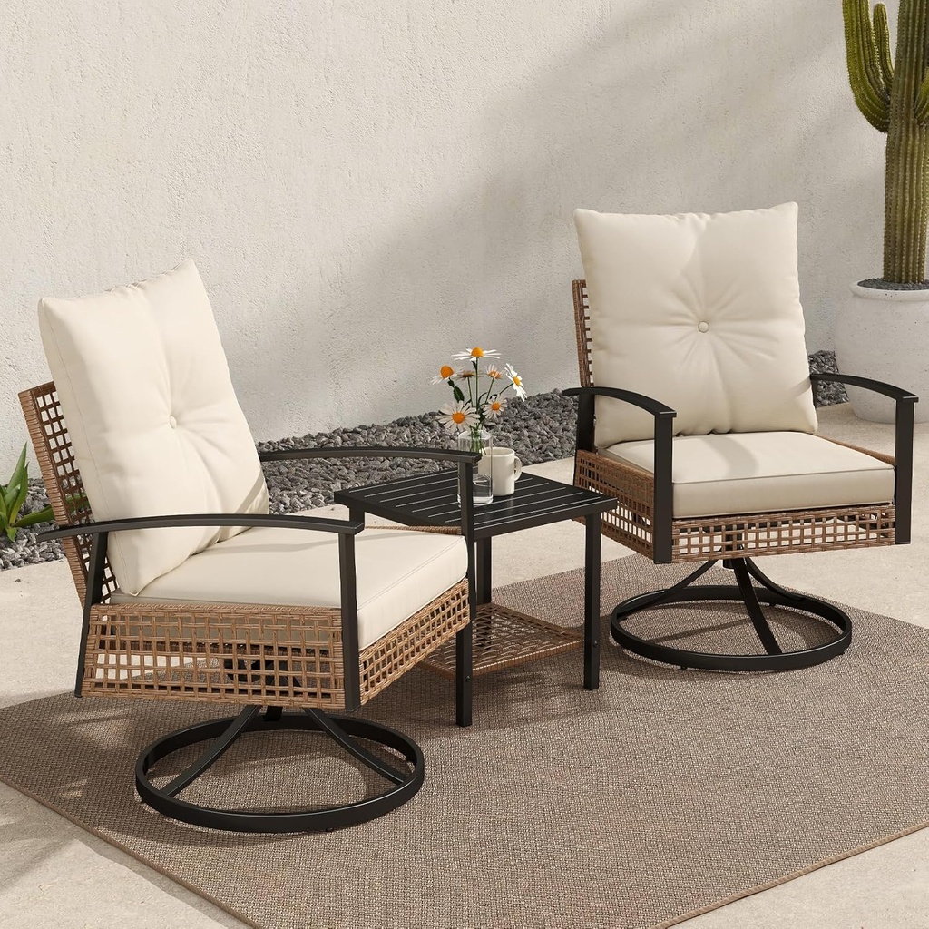 Outdoor Swivel Rocking Chairs Set of 2 with Side Table, Outdoor Bistro Set, Patio Rattan Rotation Chair with High Back, Patio Furniture Sets for Porch, Poolside, Deck, Balcony, Beige