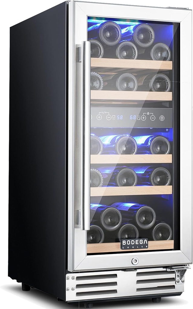 BODEGA 15 Inch Wine Cooler Under Counter, 30 Bottles Dual Zone Wine Fridge, with Double-Layer Glass Door, Temperature Memory and Digital Temperature Control, Built-in or Freestanding