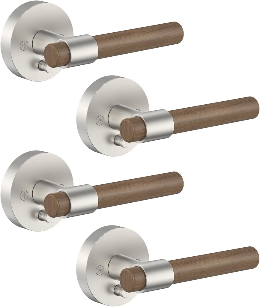 Asidrama 4 Pack Privacy Brushed Satin Nickel Door Handles, Indoor Solid Wood Heavy Duty Door Lever with Door Knobs for Bedroom or Bathroom, Door Handles Interior with Locks for Left Right Sided Doors