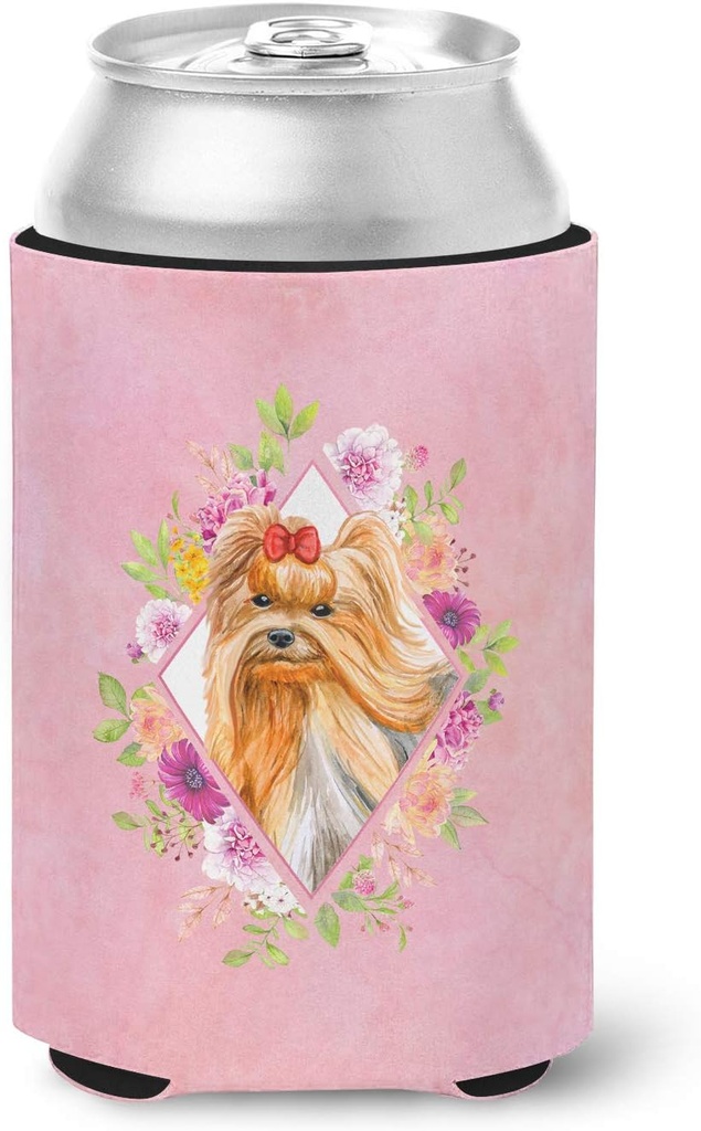 Caroline's Treasures CK4195CC Yorkshire Terrier #2 Pink Flowers Can or Bottle Hugger Cooler Washable Drink Sleeve Collapsible Beverage Insulated Holder, Can Hugger, Multicolor