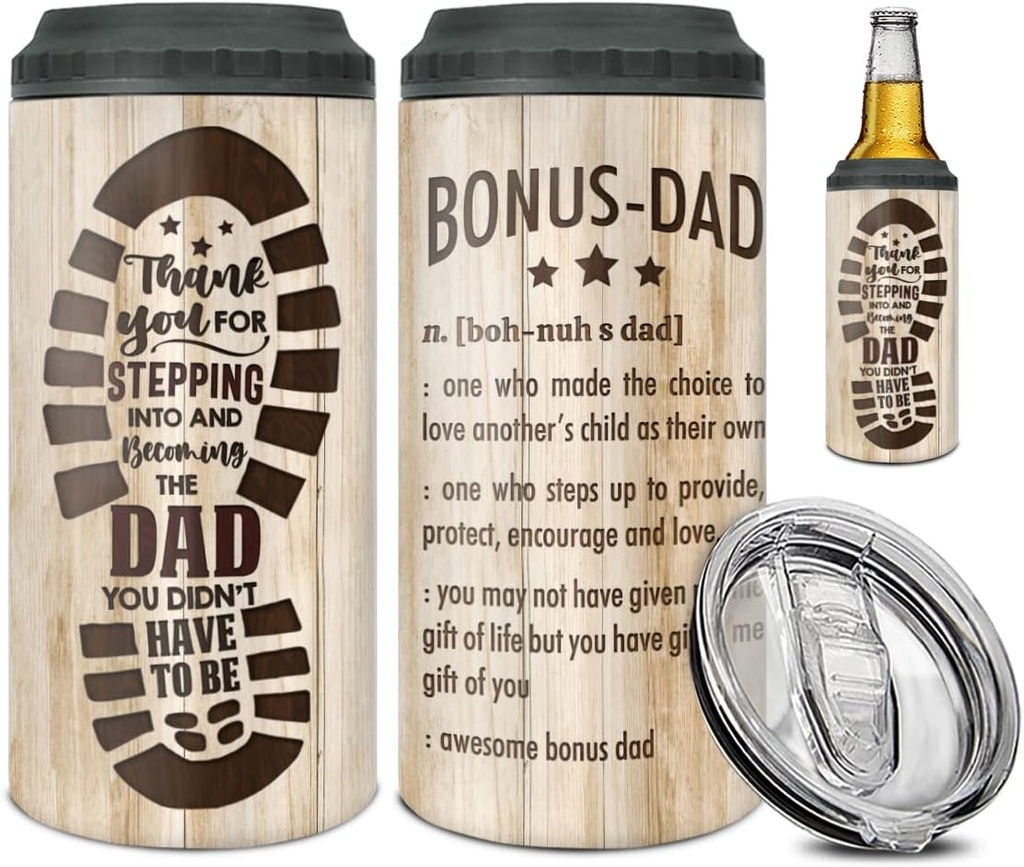 Wassmin Best Bonus Dad Gift Bonus Dad Definition Can Cooler Tumbler 4-in-1 Stainless Steel 12oz Travel Mug with Lid Gift for Stepdad Father's Day Christmas Birthday Gift from Bonus Daughter Son