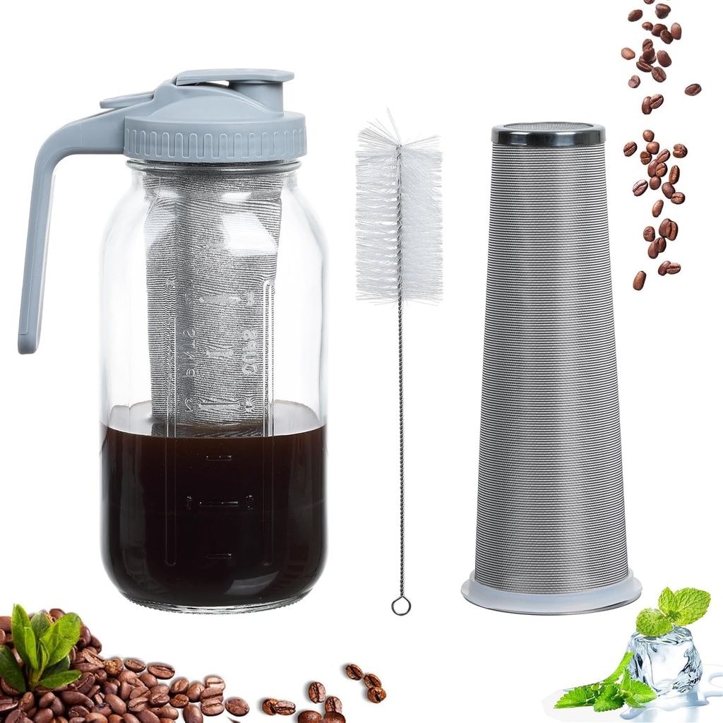 64 oz Cold Brew Coffee Maker, Glass Mason Jar Pitcher with Pour Spout Handle Lid with Stainless Steel Filter with Cleaning Brush, for Ice Tea, Leak Proof Half Gallon Storage Container (Gray)