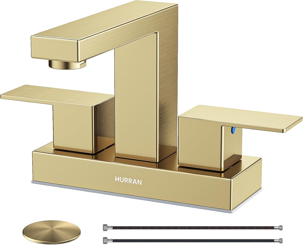 Bathroom Sink Faucet, Hurran 4 inch Brushed Gold Bathroom Faucets for Sink 3 Hole with Pop-up Drain and Supply Lines, Stainless Steel 2-Handle Faucet for Vanity RV Restroom