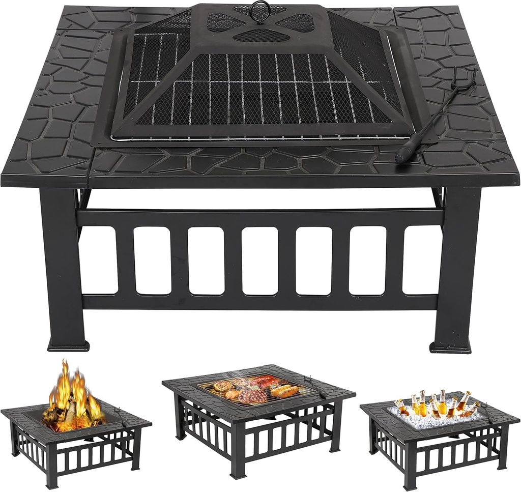 ZENY 32" Outdoor Fire Pit Square Table Metal Firepit Table Backyard Patio Garden Stove Wood Burning Fireplace w/ Waterproof Cover, Spark Screen and Poker