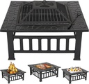 ZENY 32" Outdoor Fire Pit Square Table Metal Firepit Table Backyard Patio Garden Stove Wood Burning Fireplace w/ Waterproof Cover, Spark Screen and Poker