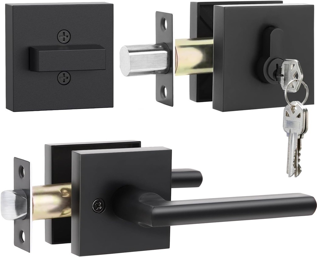 Exterior Door Lock Set, Ohuhu Heavy Duty Deadbolt Lock- Entry Door Locksets with Deadbolt Matte Black Front Door Handle Modern Contemporary Square Sleek Design Zinc Alloy