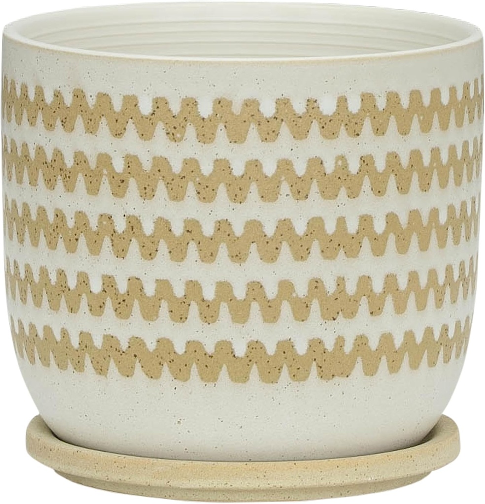 Sagebrook Home 8" Zig Zag, White and Beige Planter - Ceramic Planter for Indoor Plants and Outdoor Plants - White Planter with Saucer for Succulents, Cactus, Small Plant