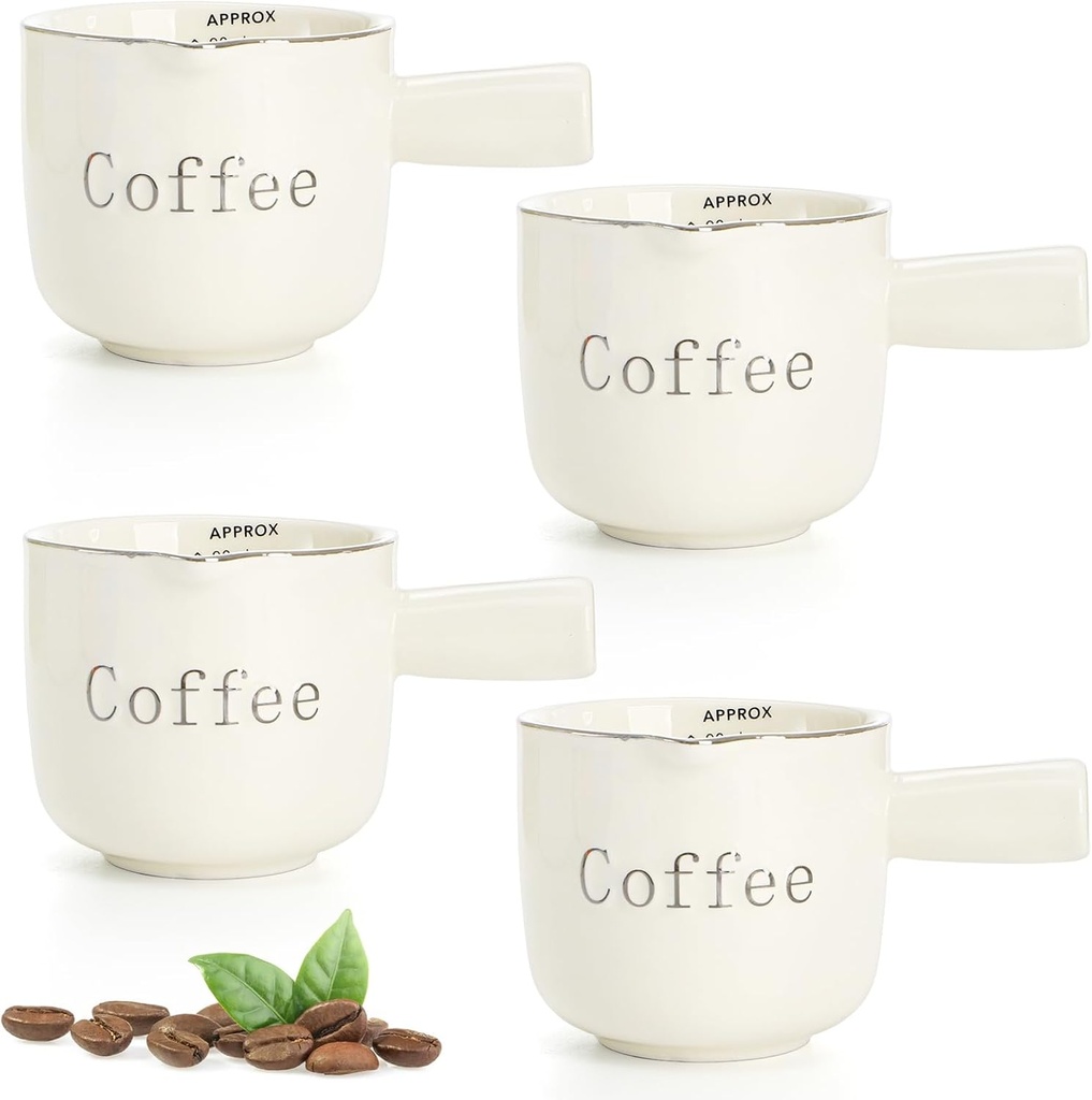 Yesland 4 Pack Espresso Coffee Measuring Cups with Dual Scale, 3 OZ Ceramic Milk Creamer Pitcher with Handle, Espresso Shot with V-Shaped Mouth for Milk Frothing Coffee, Table Serving, Salad Sauce