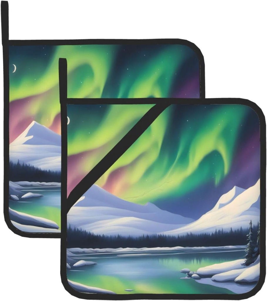 Gorgeous Northern Lights Pattern Square Insulated Pot Holder Set of 2 8x8 in Thick and Durable, Anti-scalding and Heat-Insulating
