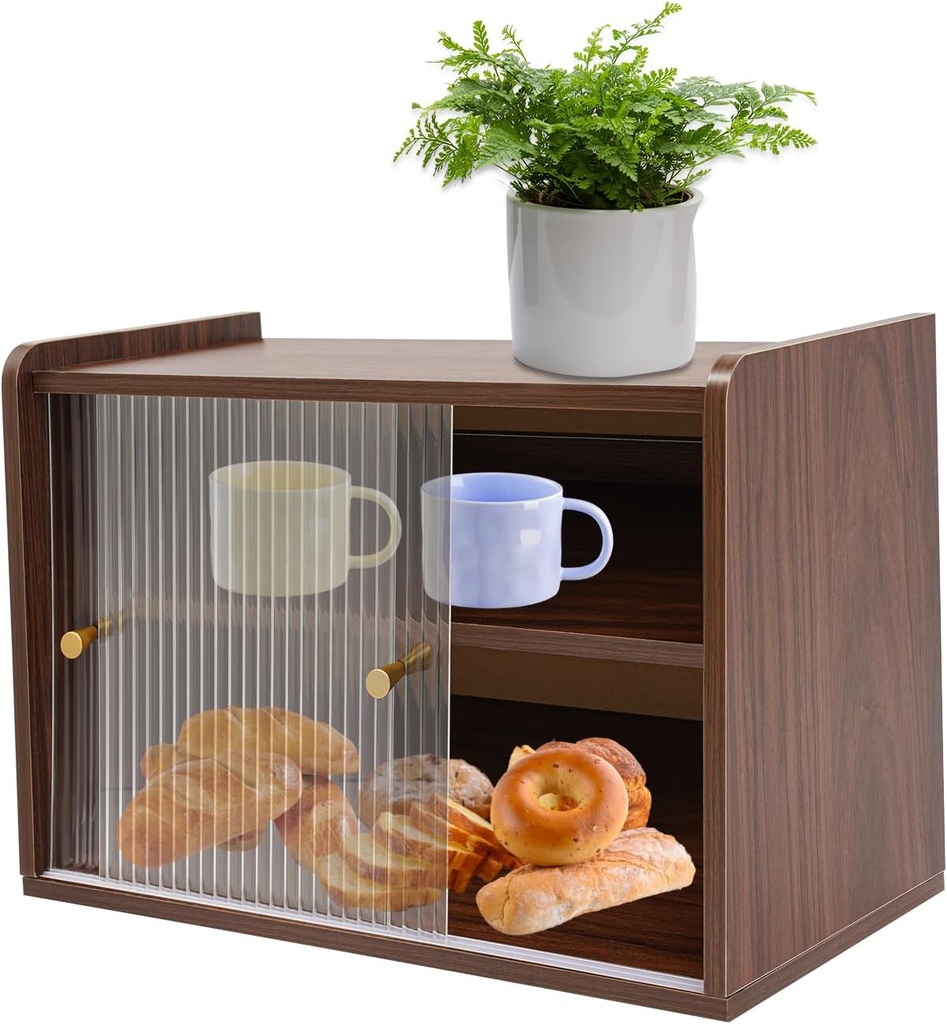 Walnut Wood Bread Box for Kitchen Countertop - 2 Sliding Doors & Acrylic Window, 2 Layer Corner Bread Storage Container, Pantry Organizer for Bread, Spice & Snack