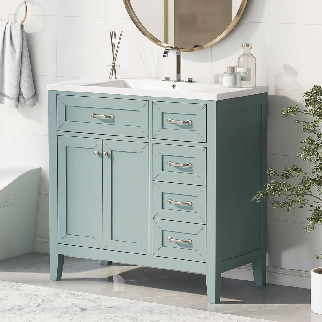 Harper & Bright Designs 36" Bathroom Vanity with Sink, Free Standing Single Basin Vanity Set with 2 Doors Cabinet and 3 Drawers, Wooden Bathroom Cabinet with Ceramic Basin for Bathroom, Green