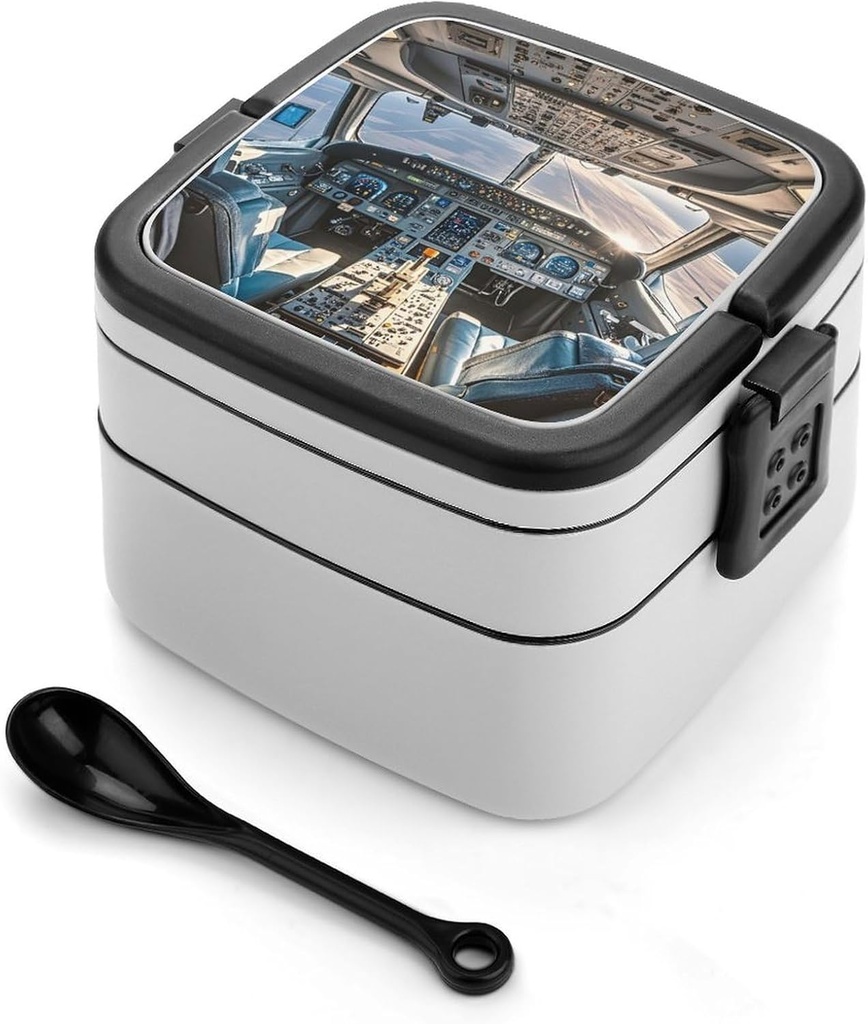 Adult Double-Layer Bento Box Airplane Cockpit Portable Lunch Box with Spoon And Invisible Handle Leakproof Microwave-Safe Food Container for Work Travel Camping