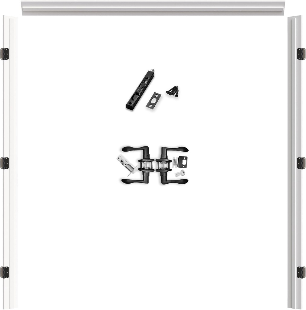 Pine Wood French Door Jamb Frame Kits, Multi-Size Adjustable Jamb (Fits a Maximum Width of 72''), Assemly Required, Complete with 6 Black Hinges & Door Seal Strips & Pre-Drilled Top Latch & Levers