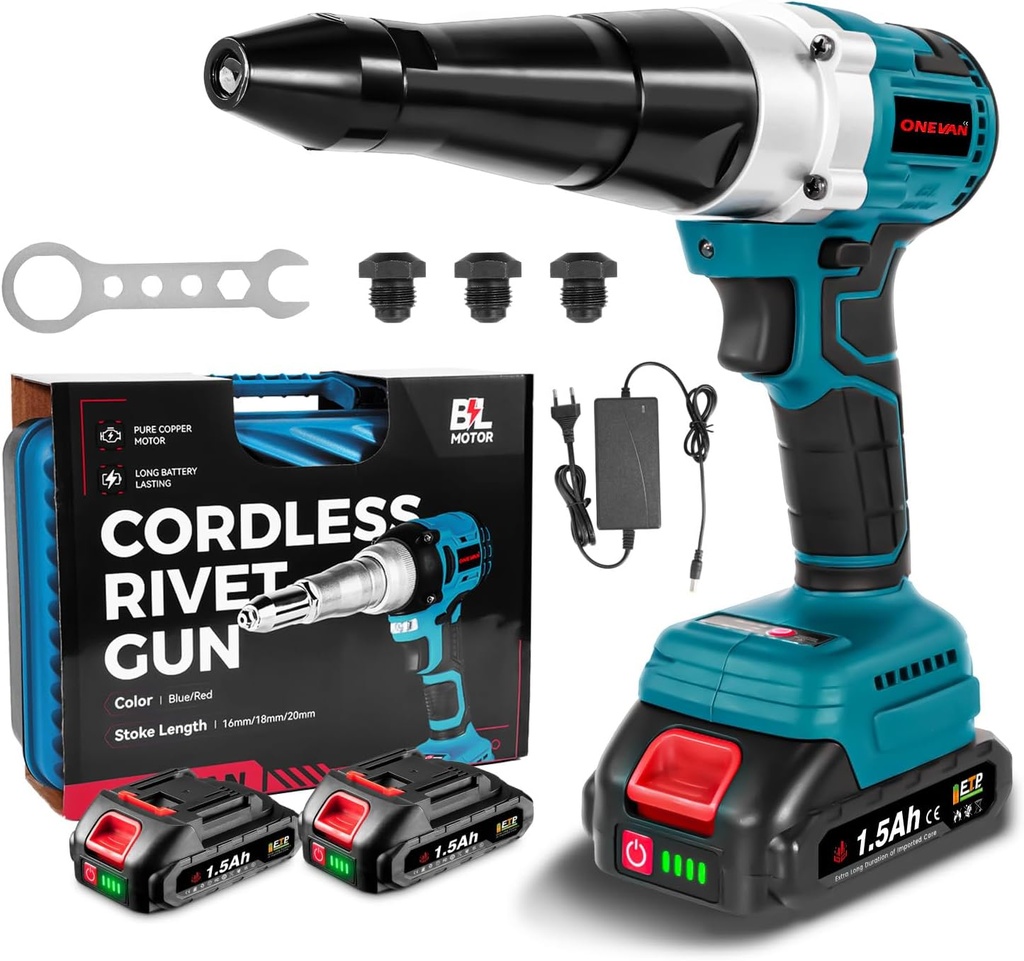 ONEVAN Cordless Rivet Gun with 2PCS Batteries and 1.2A Fast Charger, Brushless Electric Rivet Gun, 0.78" Stroke Length, Rivet Gun Kit for 1/8", 5/32", 3/16" Stainless & Aluminum Rivets