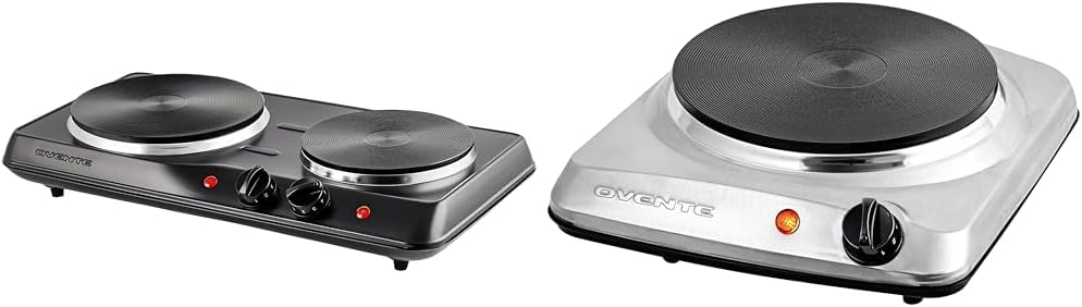 OVENTE Electric Countertop Double Burner, 1700W Cooktop with 7.25" and 6.10" Cast Iron Hot Plates & Electric Countertop Single Burner, 1000W Cooktop with 7.25 Inch Cast Iron Hot Plate