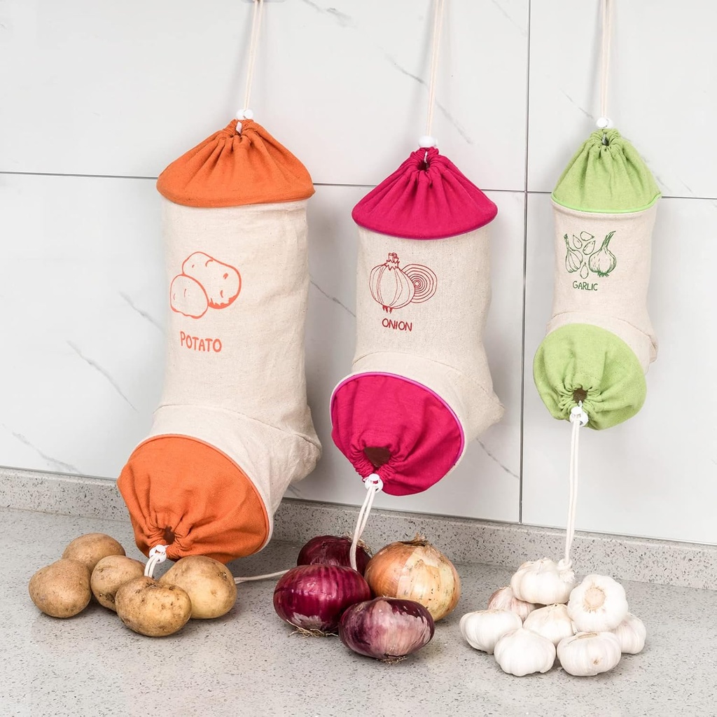 Set of 3 Reusable Hanging Vegetable Storage and Dispenser Bags, Dual Drawstring Closures with Cord Lock, Potato/Onion/Garlic Bag