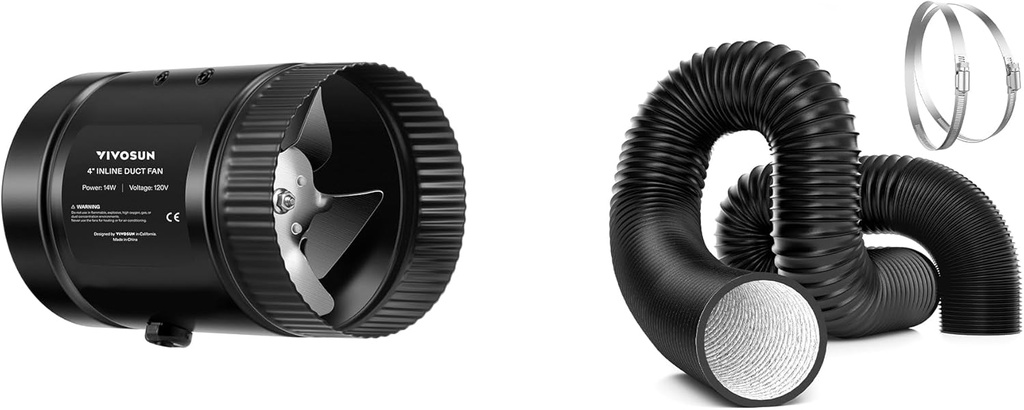 VIVOSUN Inline Booster Duct Fan 4” 100 CFM and Dryer Vent Hose, 4 inch Aluminum Foil Ducting, 8FT Long Heavy-Duty Dryer Hose Vent Kit for HVAC Ventilation, Exhaust, Duct Fan Systems, Black Flexible Ai