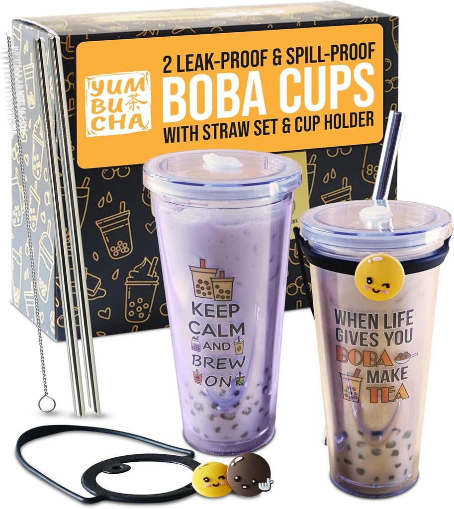 Reusable Boba Tumbler & Straw Set with Stainless Steel Straw - Reusable Bubble Tea Cups - Includes Cup Carrier, Sleeve & Boba Gifts - Gift for Boba Lovers & Tea Enthusiasts 2-Pack