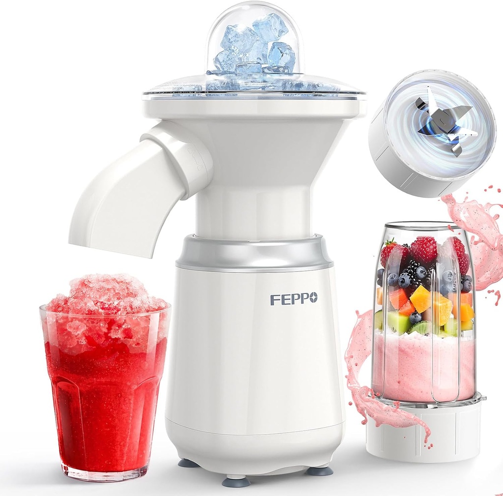 FEPPO Snow Cone Machine & Smoothie Blender 2 in 1, Slushie Machine Shaved Ice Machine, 22000RPM Healthy Frozen Drink Maker with Stainless Steel Blade & Smoothie Recipes, for Home, Kitchen,Party,Summer