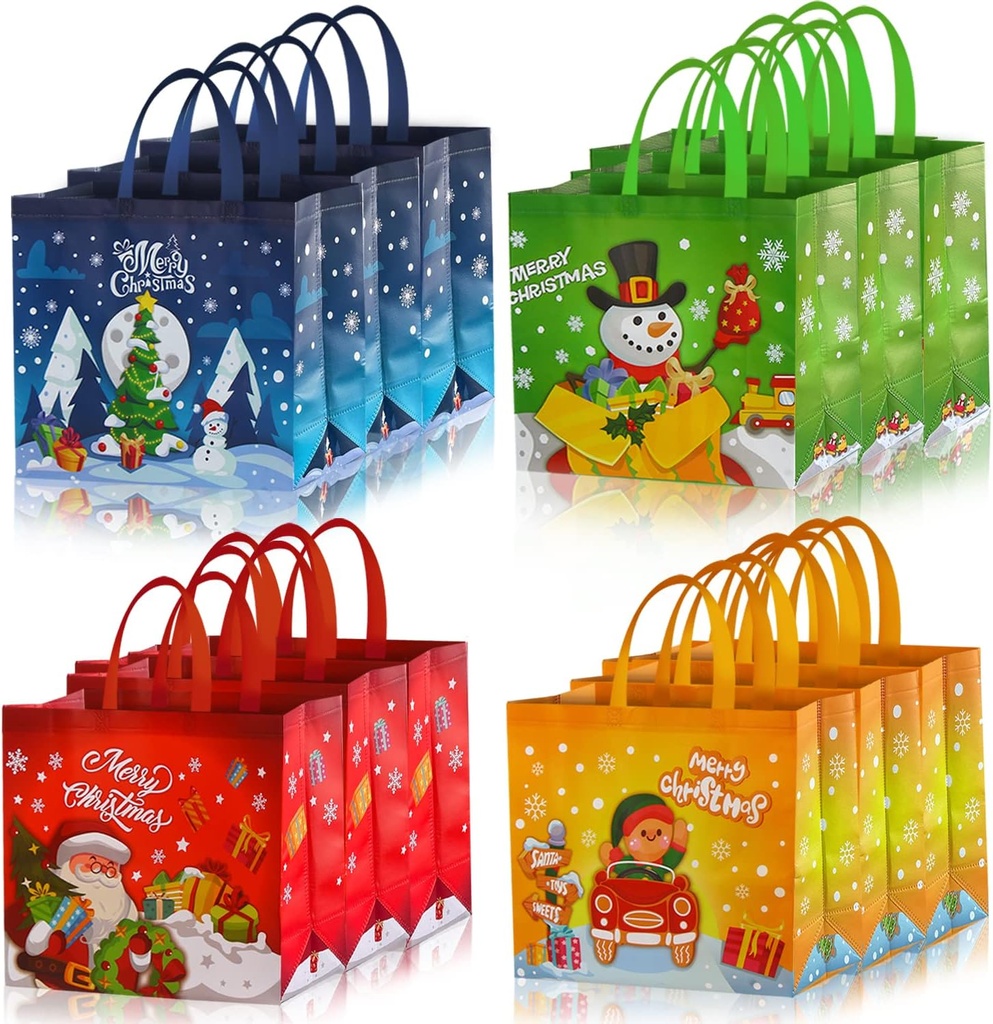CCINEE 12 PCS Christmas Gift Bags with Handle, Large Size Reusable Christmas Tote Bags Non-Woven Christmas Treat Bags Grocery Shopping Bags for Gifts Wrapping Xmas Party Supplies,15.7"×13.8"×5.7"