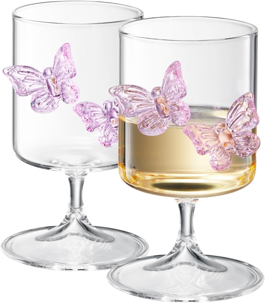 Khen Butterfly Wine & Water Glasses Set of 2 – 8.45 oz Clear Stemmed Glasses - 3D Pink Butterflies Accents for Cocktails, Champagne, and Juice, Elegant Decorative Cups for Parties, Weddings & Gifts