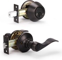 KNOBWELL 3 Pack Keyed Entry Door Lever Handle Door Handle with Lock and Key Exterior Door Lock Set with Double Keyed Deadbolt, Oil Rubbed Bronze Finish, Vintage Design (Keyed Alike)