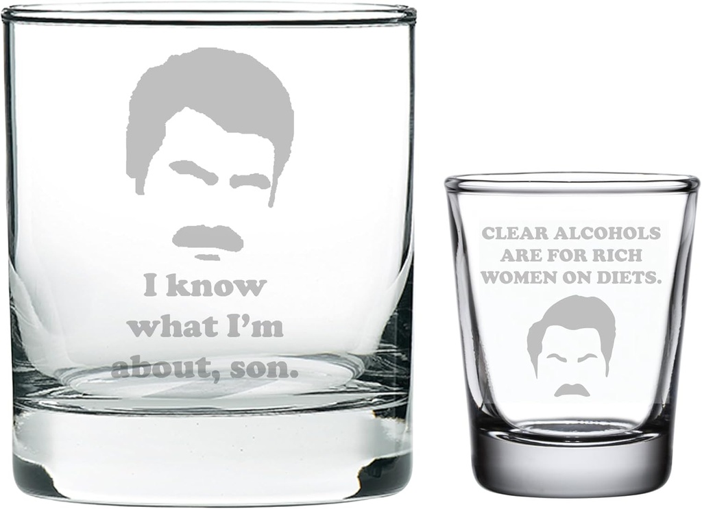 Brindle Southern Farms Ron Swanson Rocks Glass and Shot Set: Parks and Rec Fan Etched Whiskey/Drinking Glasses Gift Set for Ron Swanson Fan, I Know What I'm About Son