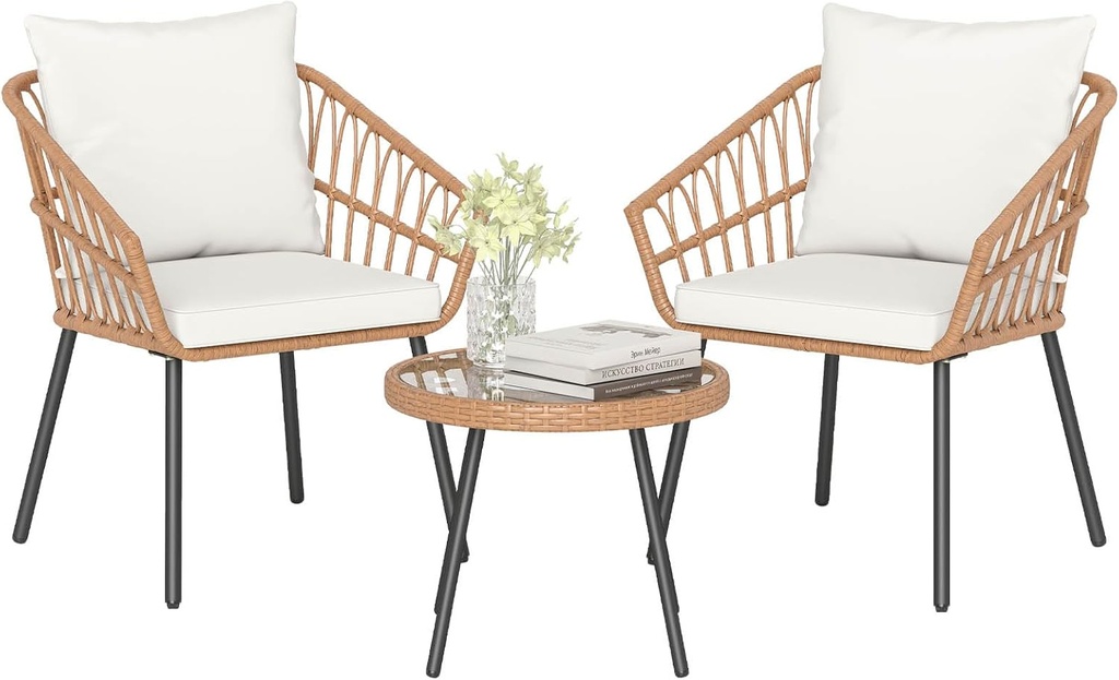 Tangkula 3 Piece Patio Bistro Set, PE Rattan Conversation Chairs with Round Glass Table & Soft Cushions, Outdoor Patio Furniture Set with Heavy Duty Metal Frame for Balcony, Garden & Poolside (Beige)