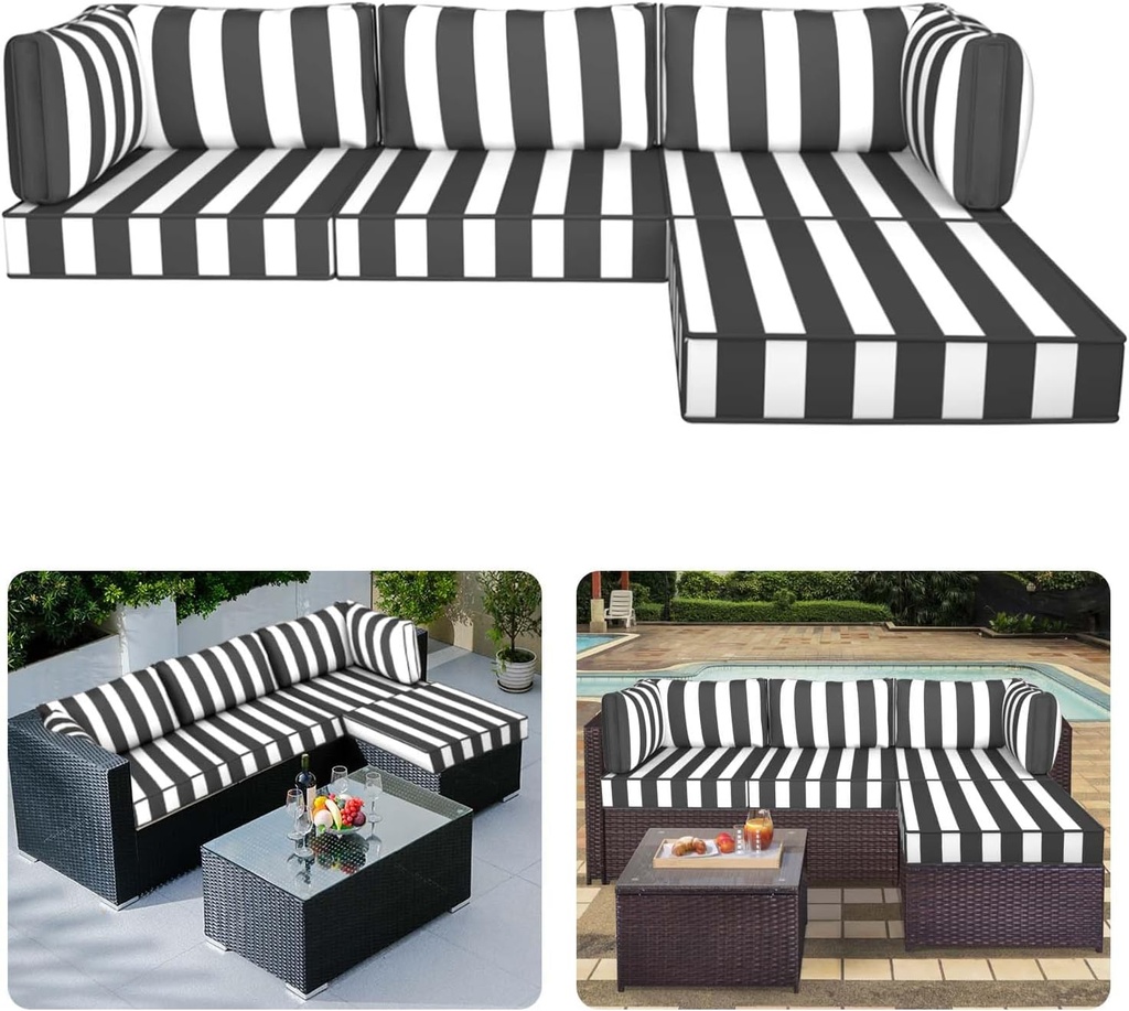 Outdoor Sectional Cushions 9-Piece Replacement Cushions Set for 4-Seat Patio Furniture Waterproof 4'' Thick Outdoor Sofa Cushion Patio Wicker Couch Cushion (Black Stripe, 9-Piece Set)