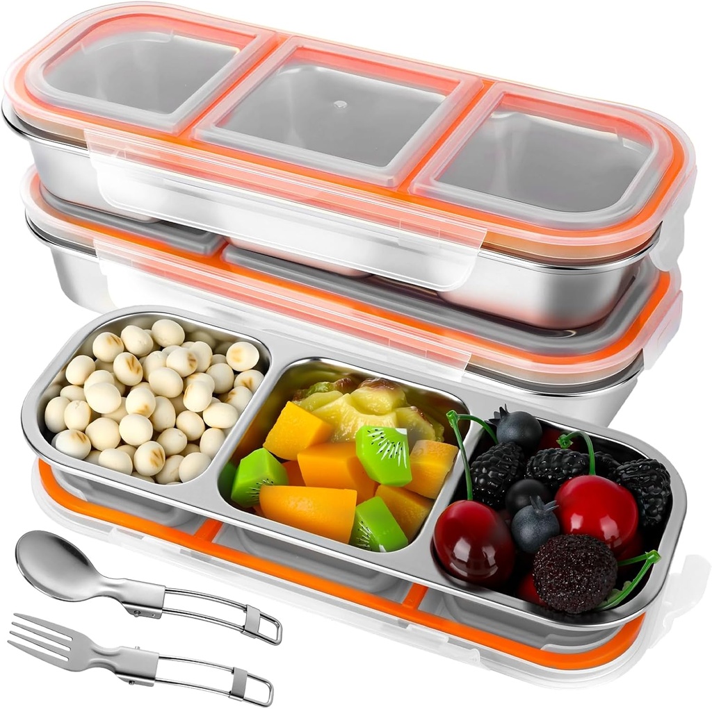 2 Pcs Stainless Steel Snack Containers for Adults, Reusable Metal Snack Box with Lids and Fork Spoon Set,Stainless Steel 2/3 Compartment Food Storage Containers for Home Work Travel