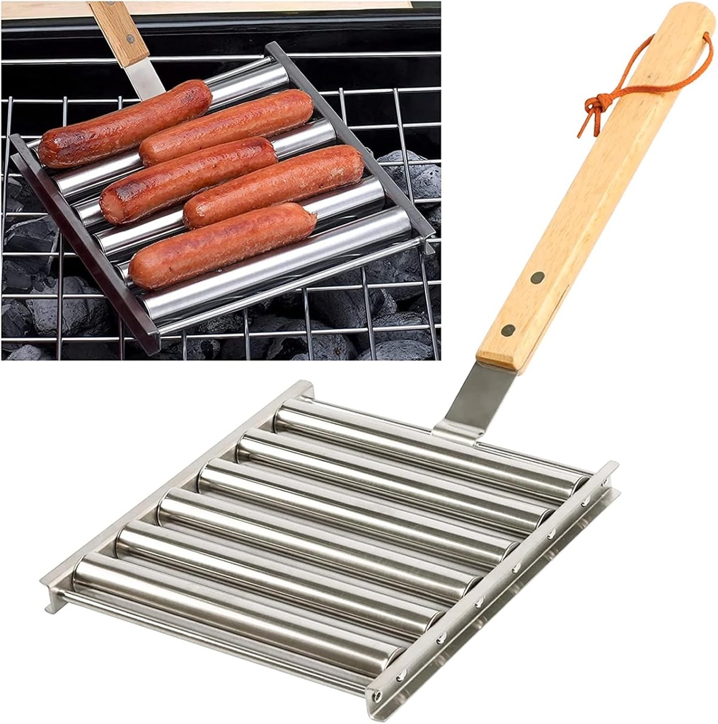 KAYCROWN Hot Dog Roller Sausage Rack with Extra Long Wood Handle, BBQ Griller For Evenly Cooked Dogs, 5 Capacity, Silver