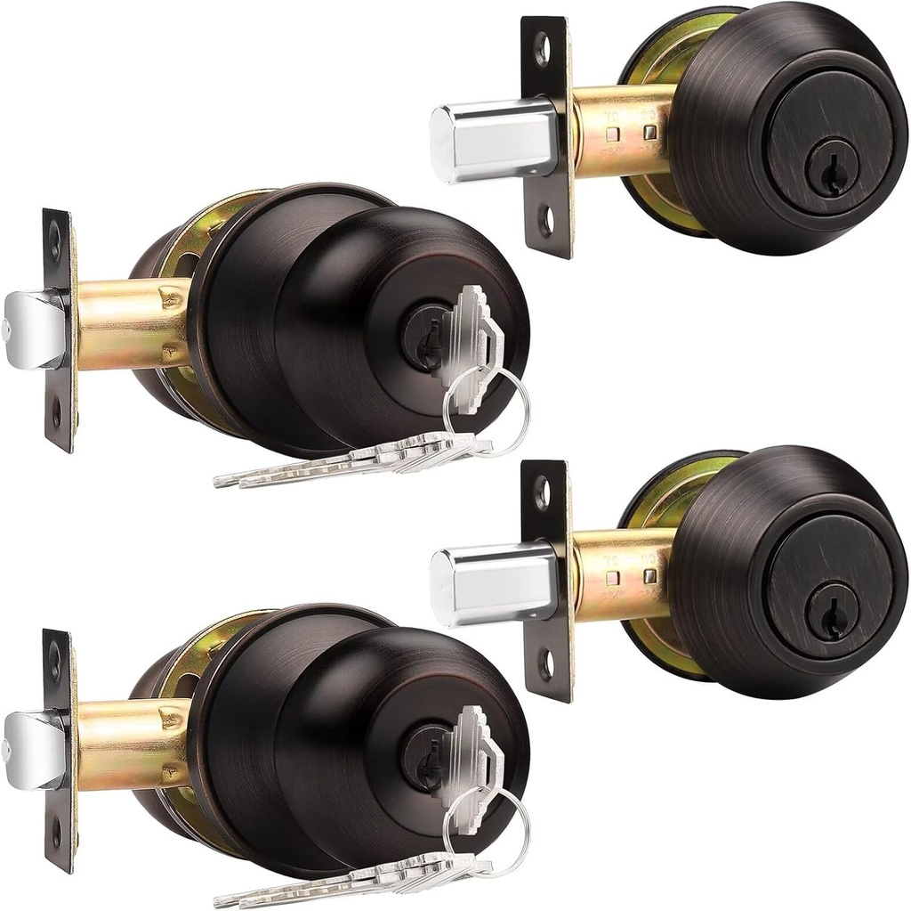 Probrico 2 Sets-Oil Rubbed Bronze Entry Door Knobs with Double Cylinder Deadbolts Combo Pack, Keyed Alike Handlesets for Front and Entrance Door, Interior and Exterior Door Hardware,Contractor Pack