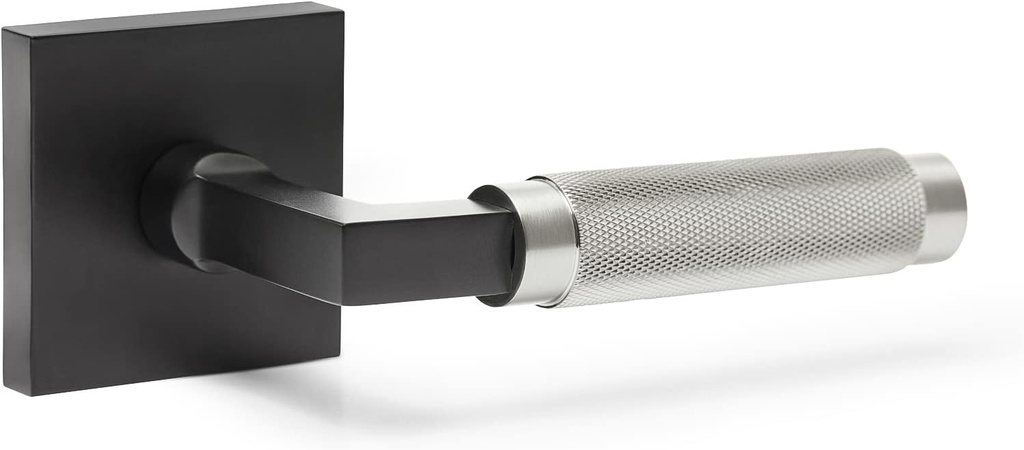 Matte Black & Satin Silver Door Handle – Solid Brass Privacy Lever Set with Square Backplate – Reversible Locking Handle for Bedroom or Bathroom – New York by Explore Hardware