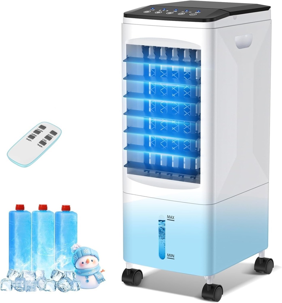 Portable Air Conditioners, 2025 Upgraded 3-in-1 Portable AC with Remote Control, Fast Cooling Evaporative Air Cooler, 3 Speeds, 7H Timer, Air Conditioner for Bedroom, Office, Kitchen (White)