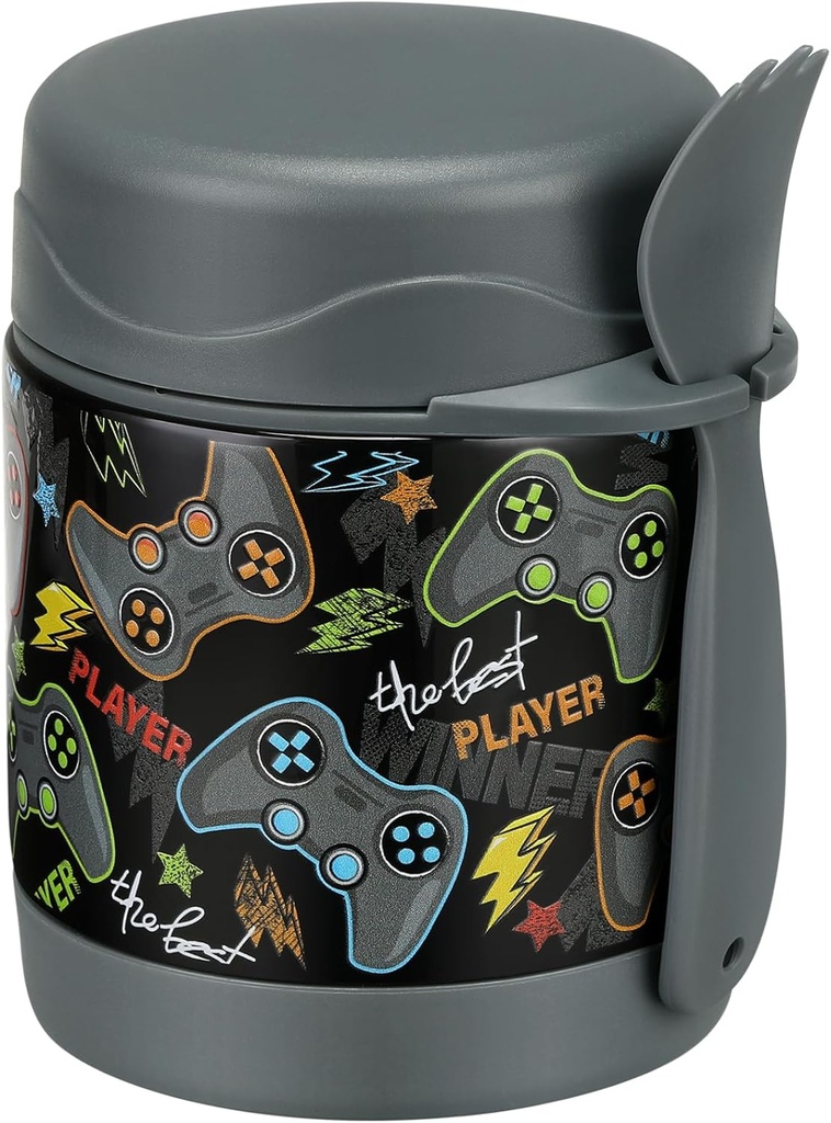 10oz Soup Thermo for Hot Food Kids Insulated Food Jar,Thermo Hot Food Lunch Container, Width Mouth Stainless Steel Lunch Box for Kids with Spoon (Black-Gamepad)