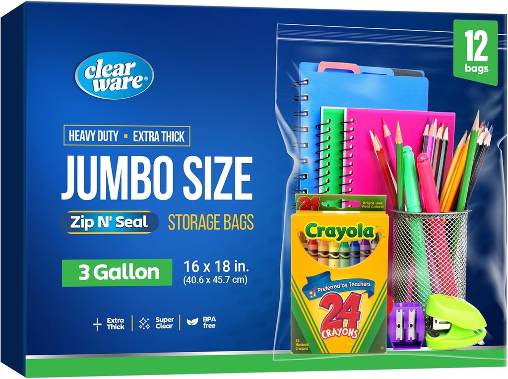 12 Large Storage Bags With Zipper Top - 3 Gallon Size, 16" x 18", Extra Large Plastic for Clothes, Travel, Moving, Large Reusable freezer bags, BPA-Free, 2-mil Thick