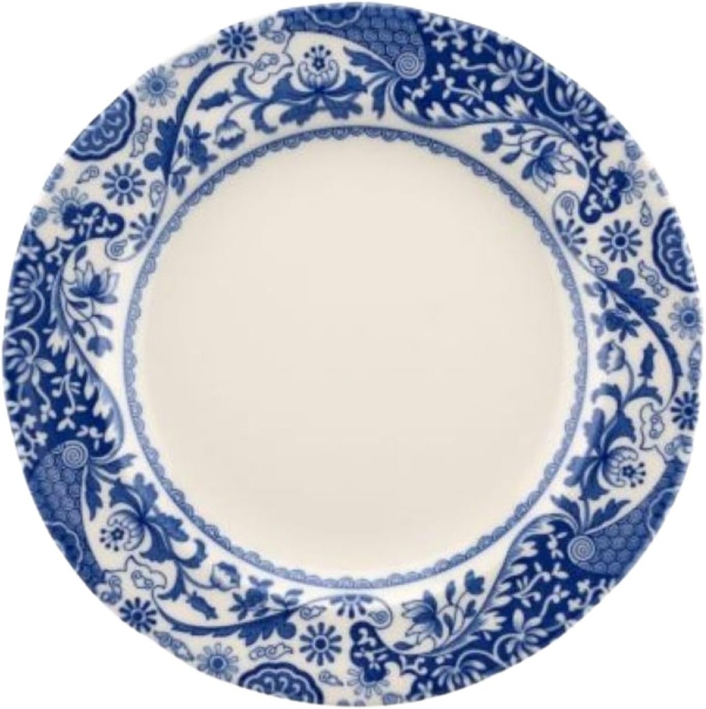 Spode Blue Italian Brocato 8-Inch Salad Dish - Fine Earthenware Serving Plate with Eastern Border Motif - Classic White Center - Microwave, Freezer, Oven, Dishwasher Safe, Great for Gifting