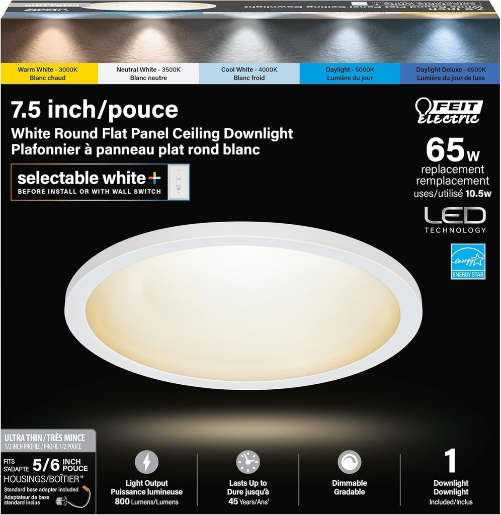 Feit Electric 5/6 Inch LED Ceiling Downlight, Dimmable Flat Panel Ceiling Light with Color Selection (5CCT), Fits 5/6 Inch Recessed Cans, TP24 Adapter Included (7.5"x 7.5"x 1"), 4 Pack, 74206/6WYCA/4