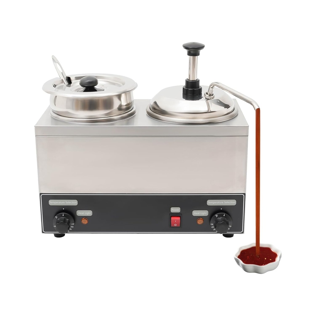 Nacho Cheese Dispenser with Pump & Soup Warmer, 6.3Qt Double Pots Electric Stainless Steel Sauce Warmer Hot Fudge Condiment Ketchup Butter Dispenser, 86-230℉ Temperature Adjustable