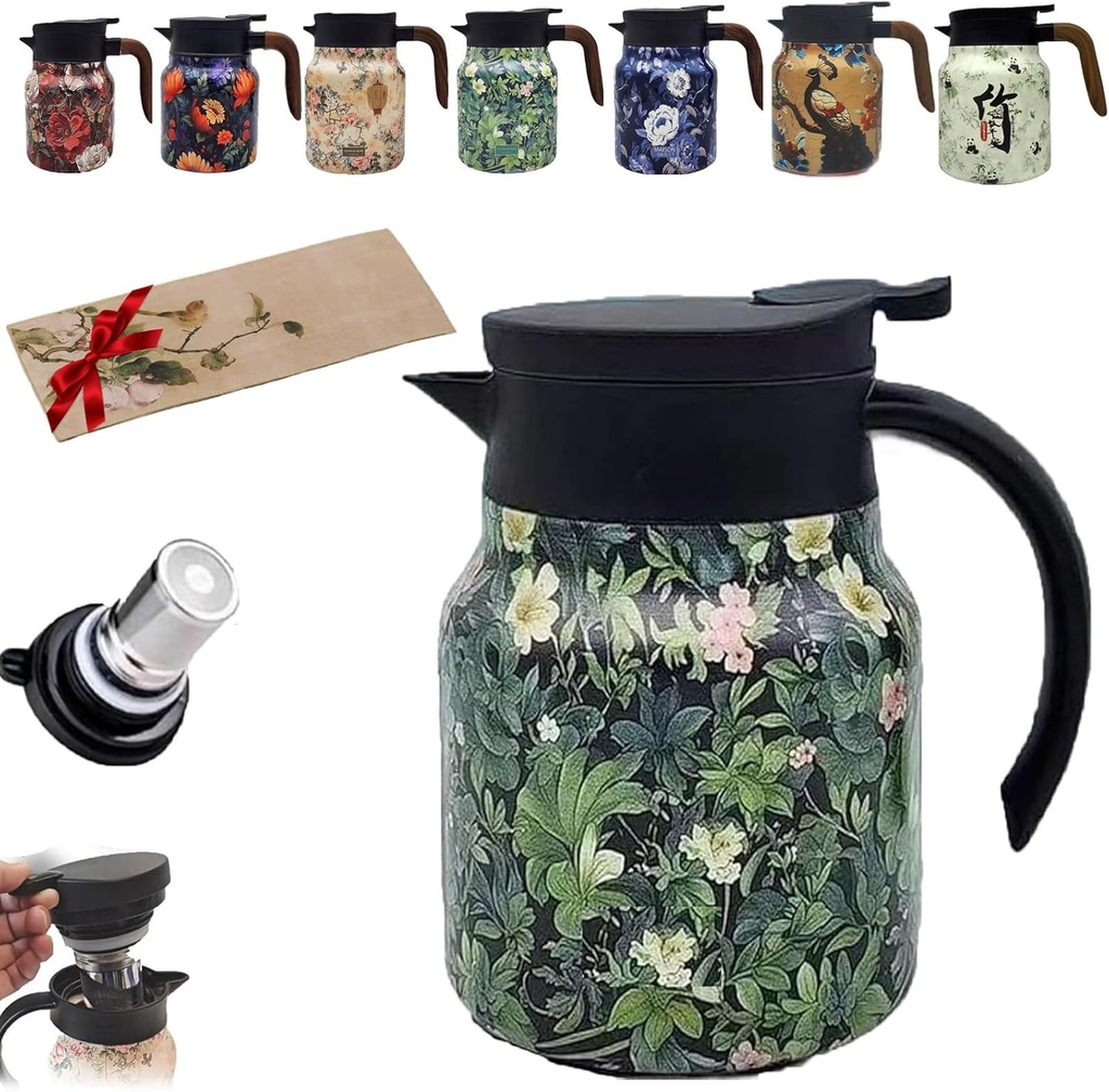 Kelansu Teapot, Vintage Floral Pattern Stainless Steel Thermal Carafe with Lid for Hot Drinks, 1 Pcs Suede High-end Towel(A-Plastic,33.8oz)