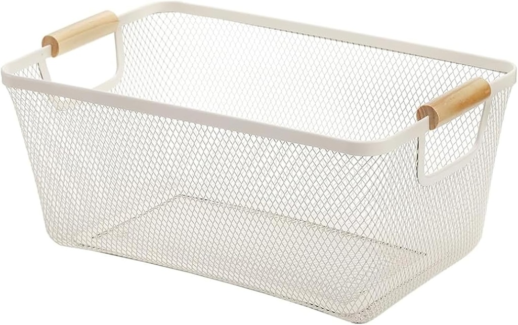 Metal Mesh Steel Basket, Large Wire Storage Organizer Basket Multi-function Hanging Kitchen Baskets with Wood Handle for Kitchen Bathroom Picnic Home, Rectangle-Off White