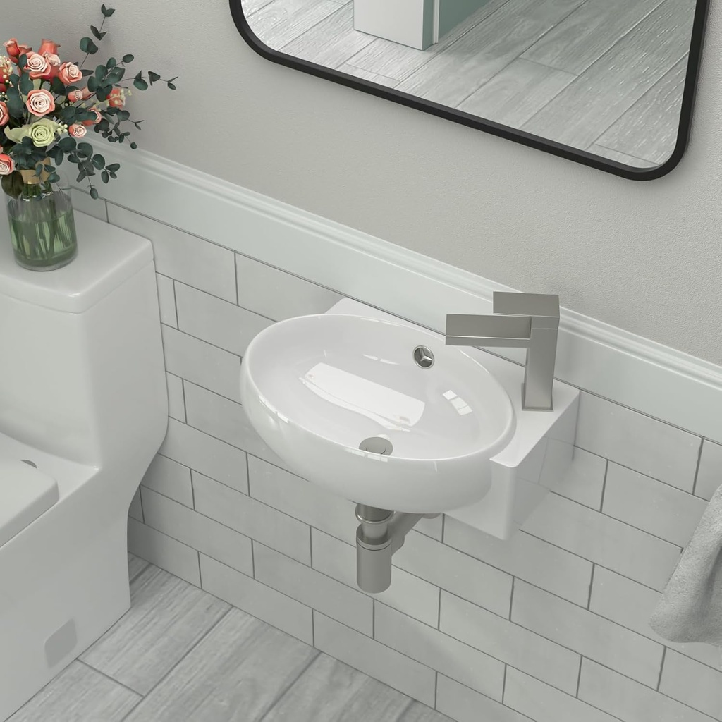 Wall Mount Sink 16.5x11 Inch Right Wall Hung Vessel Sink Bathroom Corner Floating Oval Modern Bathroom White Porcelain Ceramic Vanity Sink with Right Faucet Hole