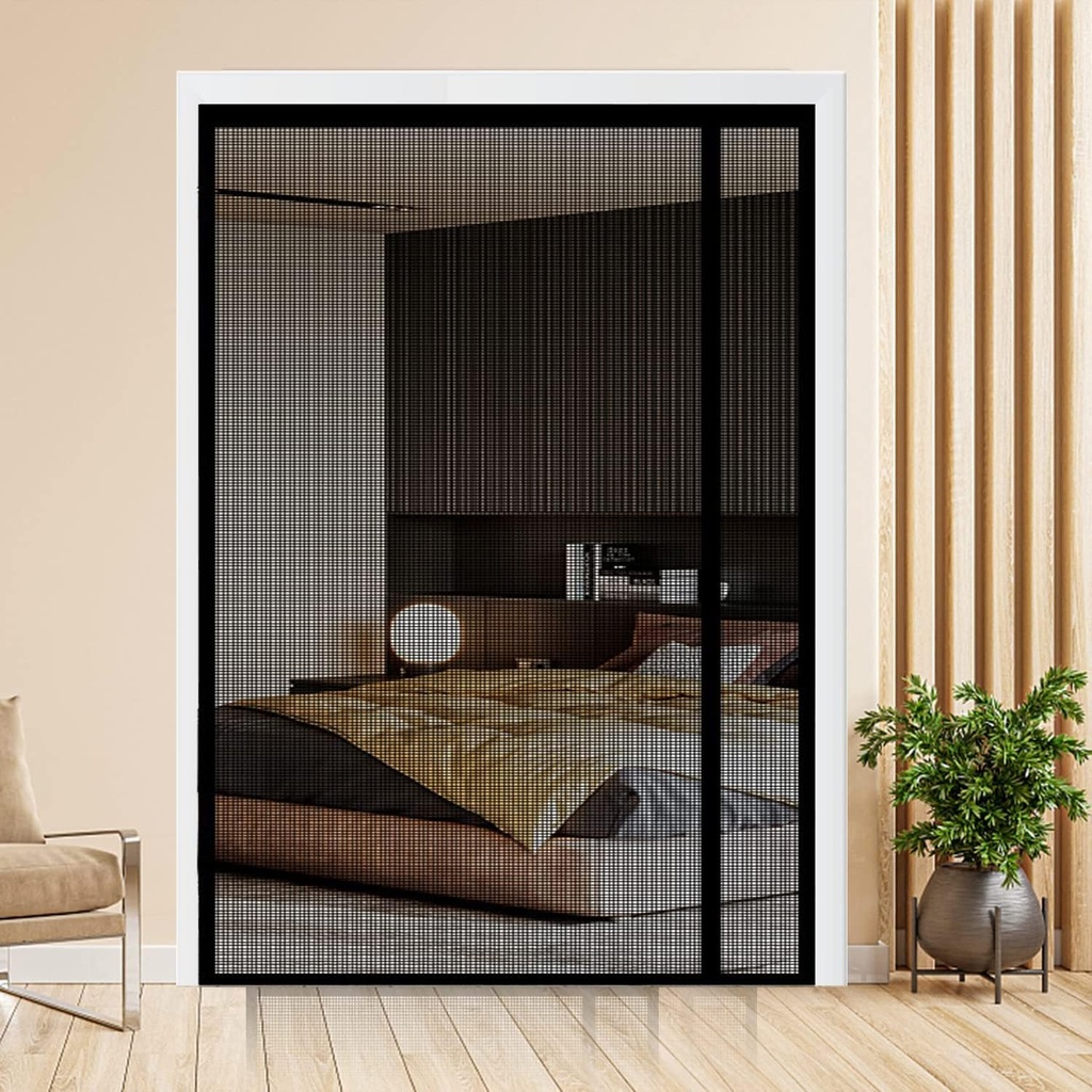Reversible Left or Right Side Opening Magnetic Screen Door, Narrow Durable Fiberglass Mesh Curtain Hands Free for Patio, Bedroom, Fits Door Size 60" x 80", Black
