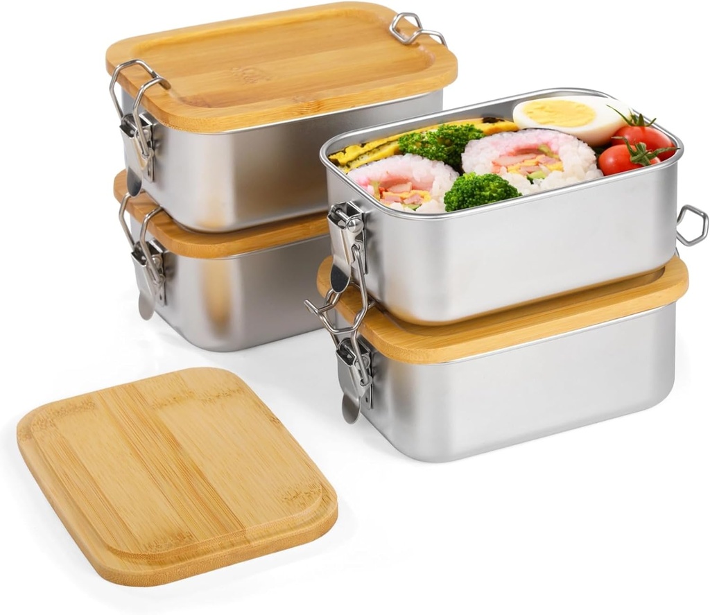 4 PCS Bento Boxes, Stainless Steel Lunch Box with Wooden Lid, 550 ml Metal Lunch Containers for Office School Picnics, Leak-Proof Buckles