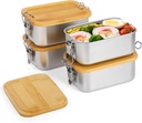 4 PCS Bento Boxes, Stainless Steel Lunch Box with Wooden Lid, 550 ml Metal Lunch Containers for Office School Picnics, Leak-Proof Buckles