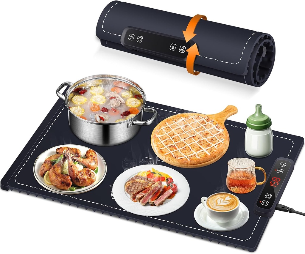 Food Warming Mat, Electric Warming Tray, Silicone Fast Heating Warmer Pad, 6 Temp Adjustable, Timer & Safety Lock, Auto Shut-Off for Countertops Buffets Party (Blue)