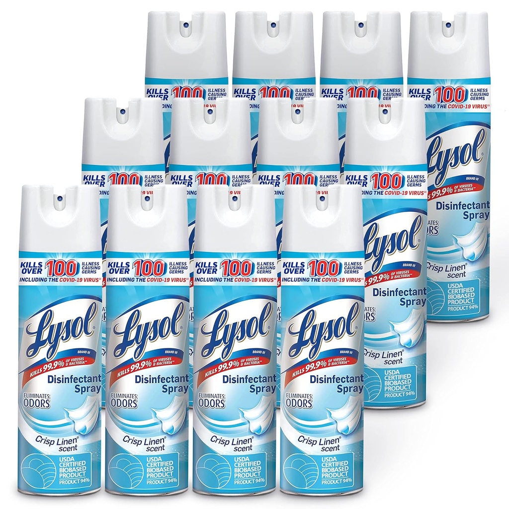 Lysol Disinfectant Spray, Household Essential Cleaning Supplies, Multi-Purpose Room Spray, Antibacterial Sanitizer Spray, Upholstery Deodorizer, Home and Bathroom, Crisp Linen,19 Fl Oz (Pack of 12)